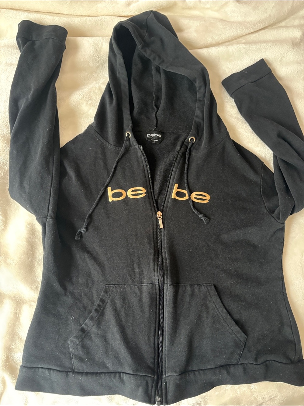 Y2K bebe Black Hooded Zip Jacket with Gold Logo 2000’s